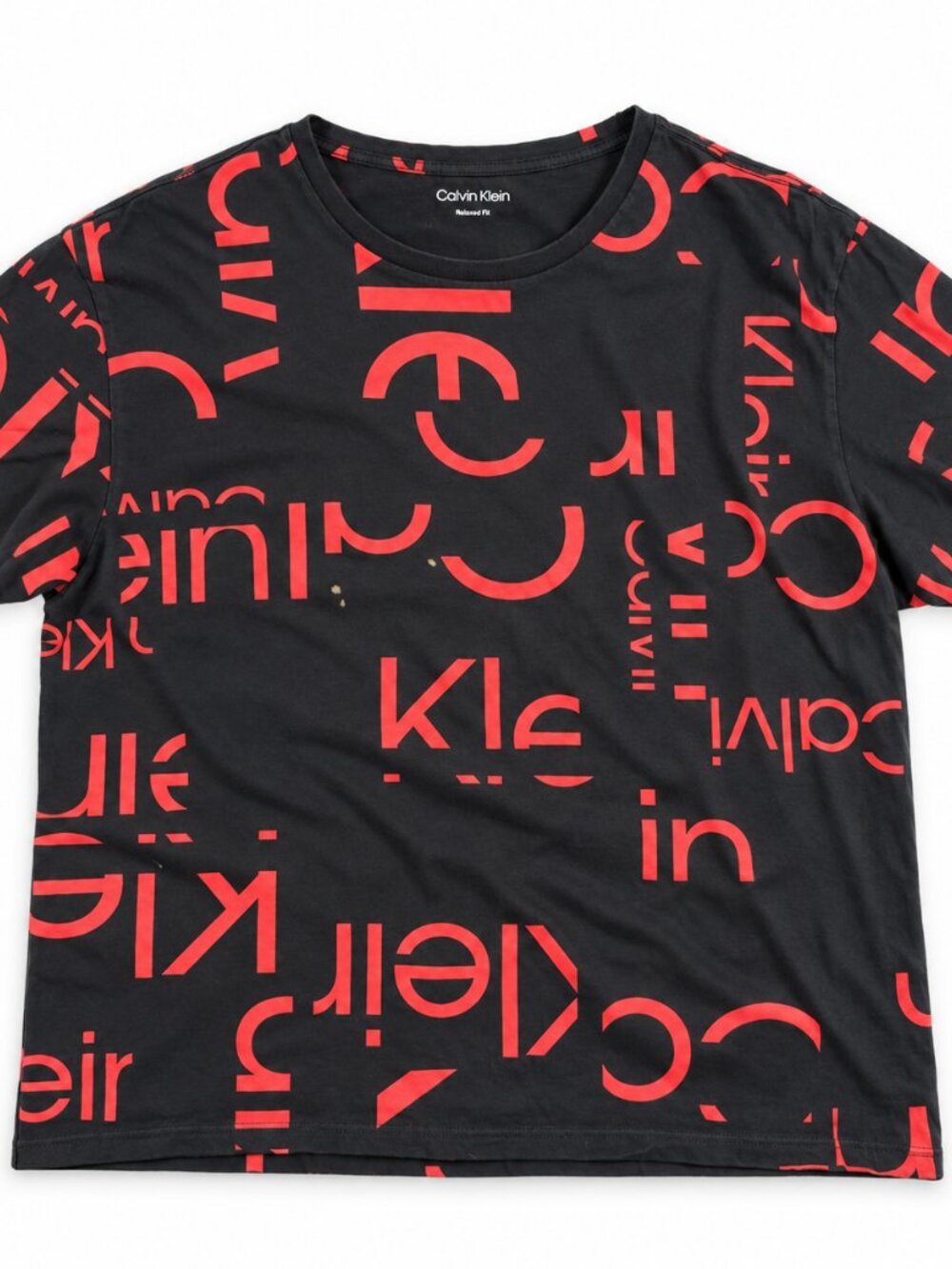 Calvin Klein Relaxed Fit T Shirt Mens XL Black Red All Over Logo Print Cotton